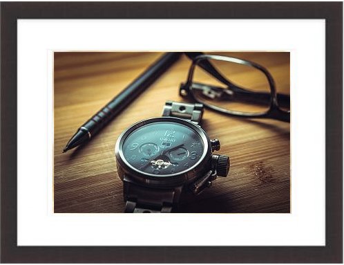 Clock Glasses Pen Desk Wooden Table Close Framed Print